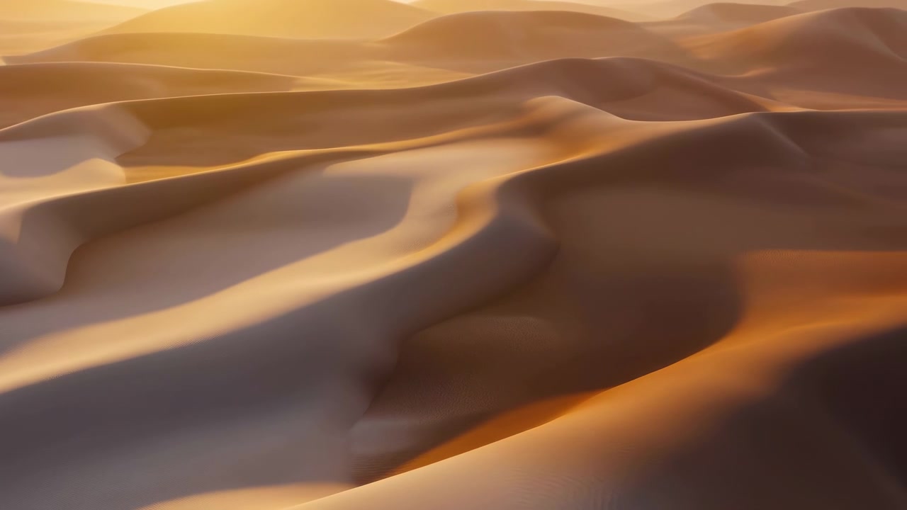Scena panoramica del deserto con dune di sabbia lisce scolpite dal vento che riempiono la vista mentre la calda luce solare a bassa angolazione si estende sulle creste, rivelando punti luce brillanti, avvallamenti profondi, ombre morbide e quiete.