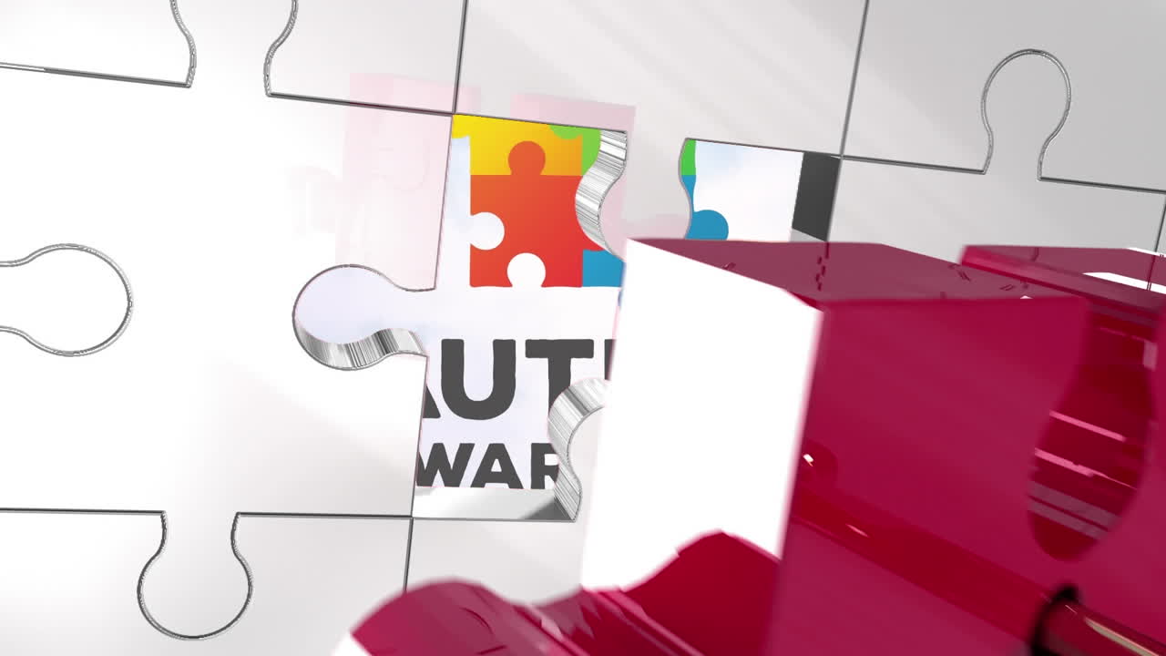 Animation of key unlocking puzzle piece, autism awareness month text over dense clouds