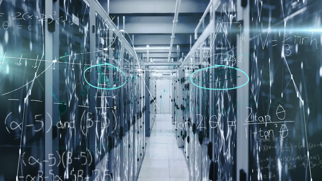 Mathematical equations and network of connections against empty server room
