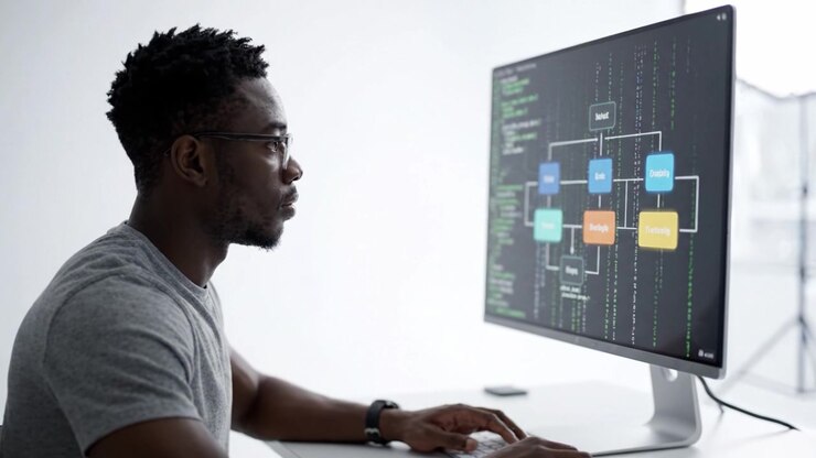 Focused Programmer Analyzing Code and Data Flow on a Modern Desktop Computer Display with Complex Visualizations and Bright Interface Elements
