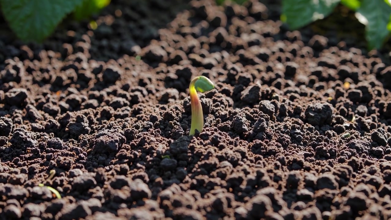 Piccolo germoglio verde che spunta da terreno scuro e fertile