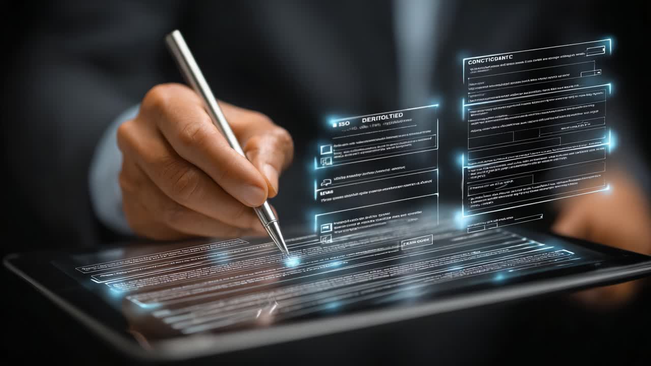 Digital Documentation and Signing Process: A Close-Up of a Hand Writing on a Tablet with Interactive Digital Elements for Efficient Workflow Management