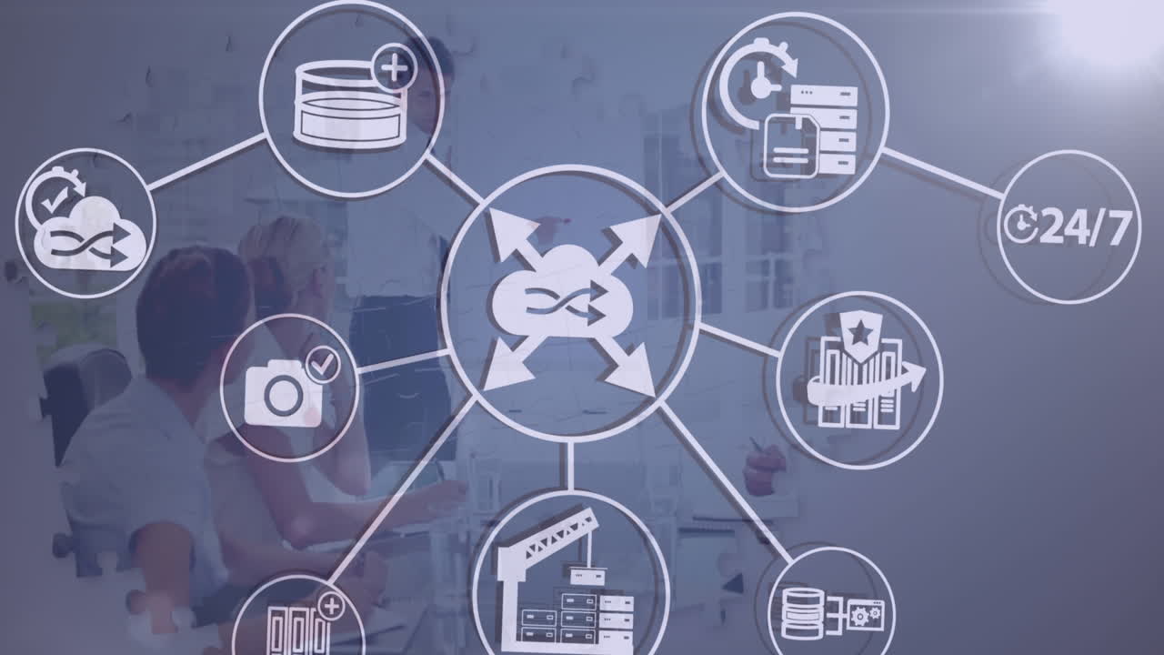 디지털 아이콘과 퍼즐의 애니메이션 백인 사업가가 사무실에서 프레젠테이션을 하고 있습니다.