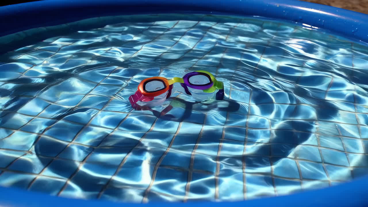 Colorful Swimming Goggles Floating in a Small Pool