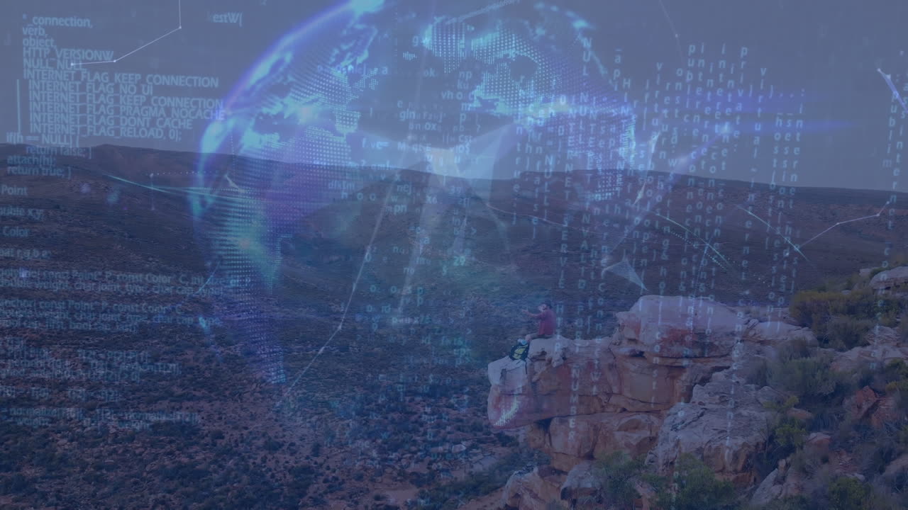 Animation of data processing and globe over male hiker and landscape
