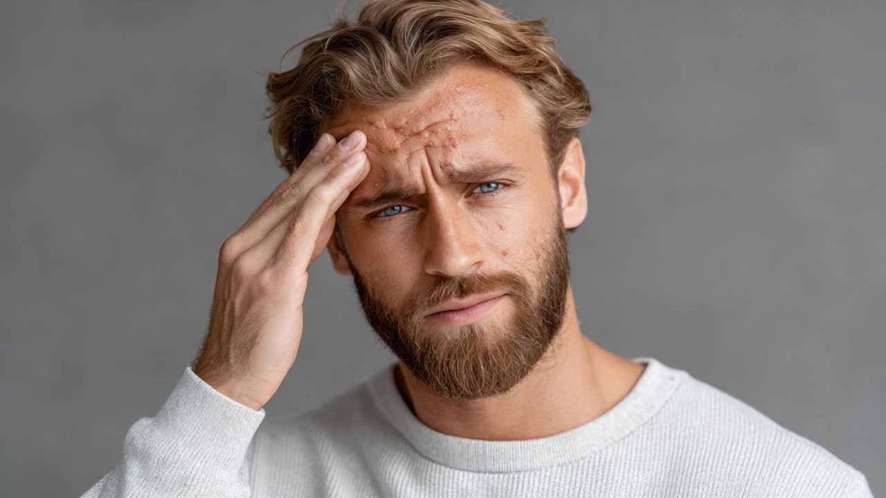 A man experiencing frustration or contemplation, displaying various expressions of concern and thoughtfulness in a neutral-toned background during a reflective moment