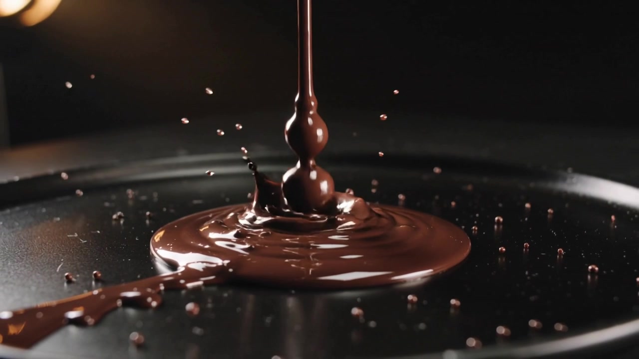 Ugello versatore che eietta cioccolato viscoso su un piatto nero, formando un cumulo centrale e uno spruzzo a corona