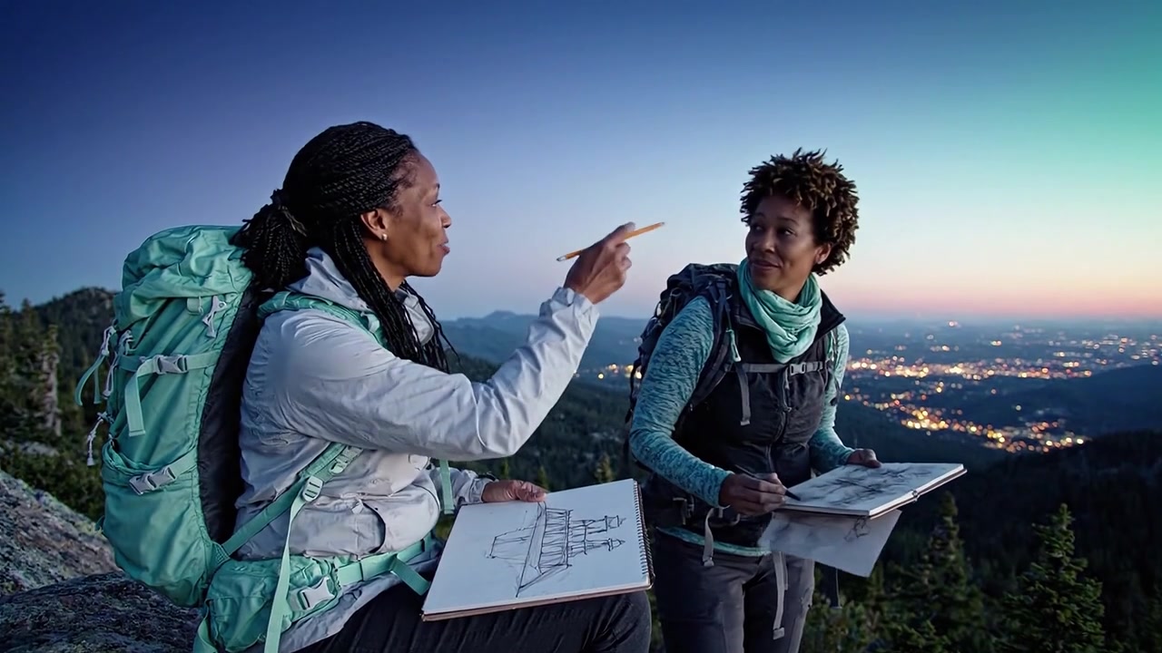 Two Women in Hiking Gear Sketching Scenic Landscape at Twilight, Capturing Nature's Beauty Amidst a Peaceful Mountainous Backdrop in Evening Light