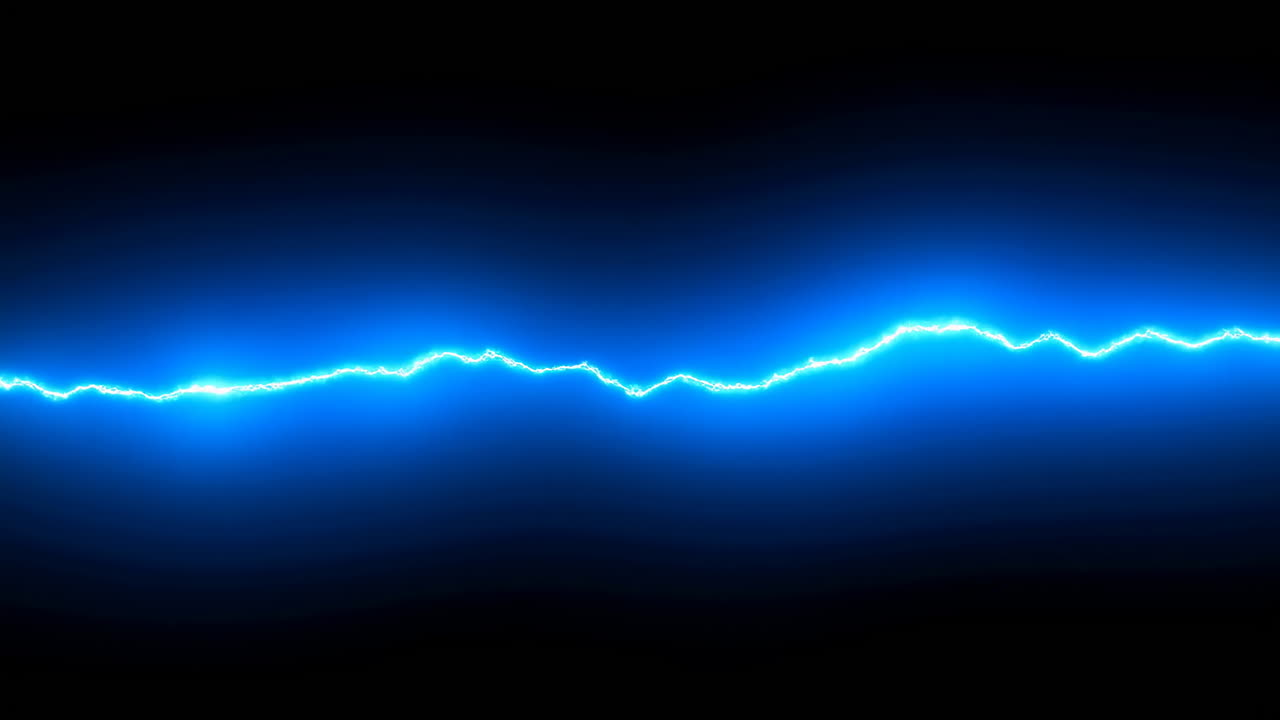 Neon Electric Energy Line Pulses Across Dark Frame, Glowing Blue Waveform With Jagged Bolt Textures,