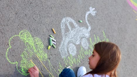 little girl with creative craft hobby drawing electro on the asphalt with chalk car environment, eco friendly, save energy in park at summer day