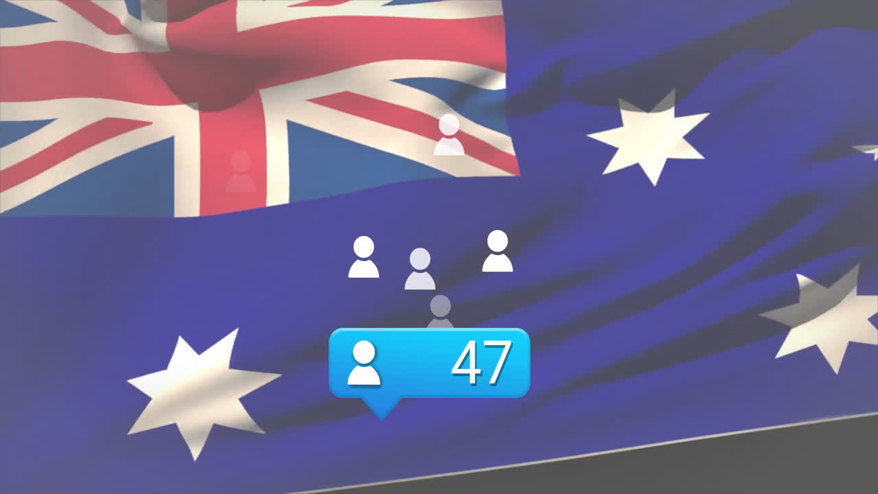 Overlaying animation, Australian flag with social media icons and user figures