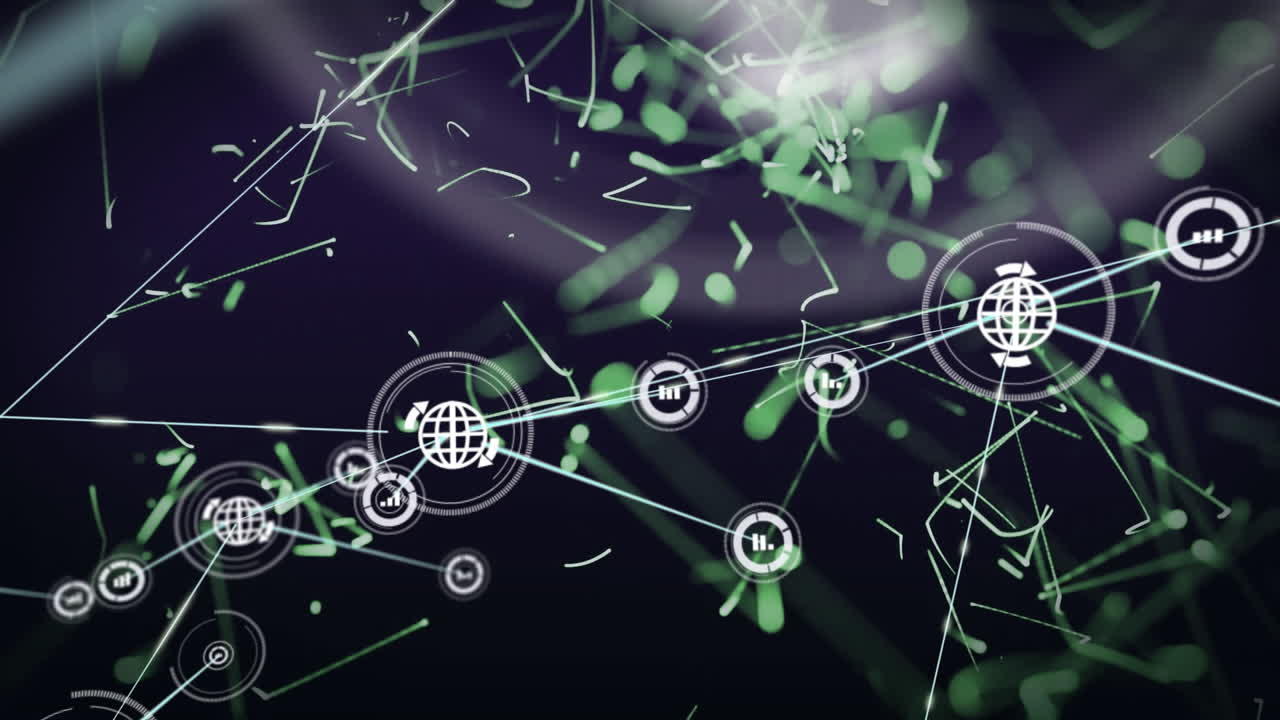 검은색 바탕에 아이콘과 모양을 가진 연결 네트워크의 애니메이션