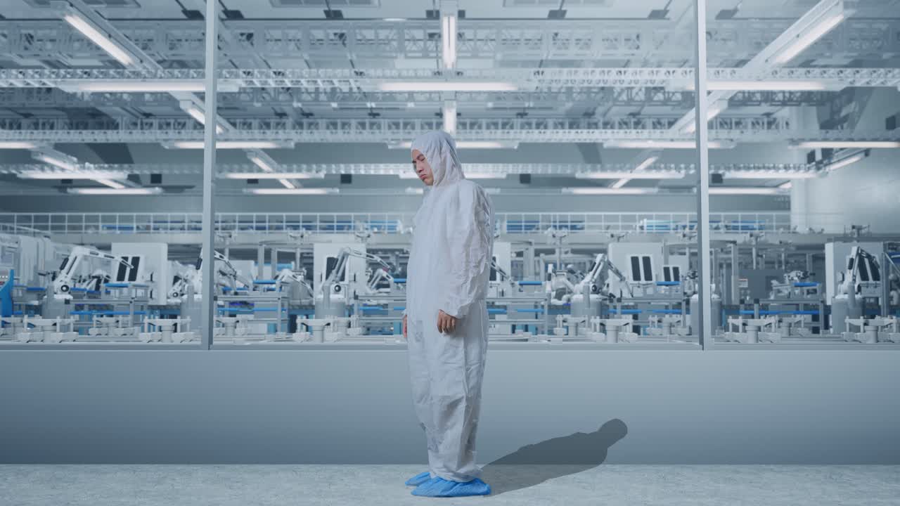 vista lateral del cuerpo completo de un científico masculino asiático que tiene dolor de cabeza mientras está de pie en una fábrica de laboratorio moderno con robots automatizados