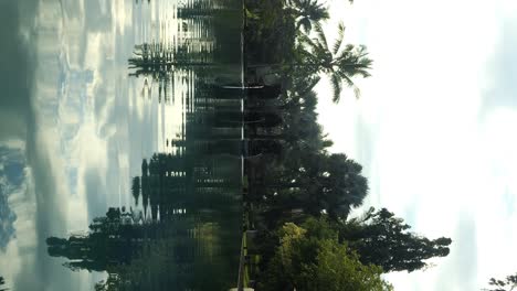 vertical slow motion establishment shot of a pool in bali indonesia with view of the beautiful morning, sunbeds and trees in the background during a dreamlike trip