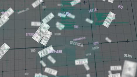 animación del procesamiento de datos sobre billetes que caen