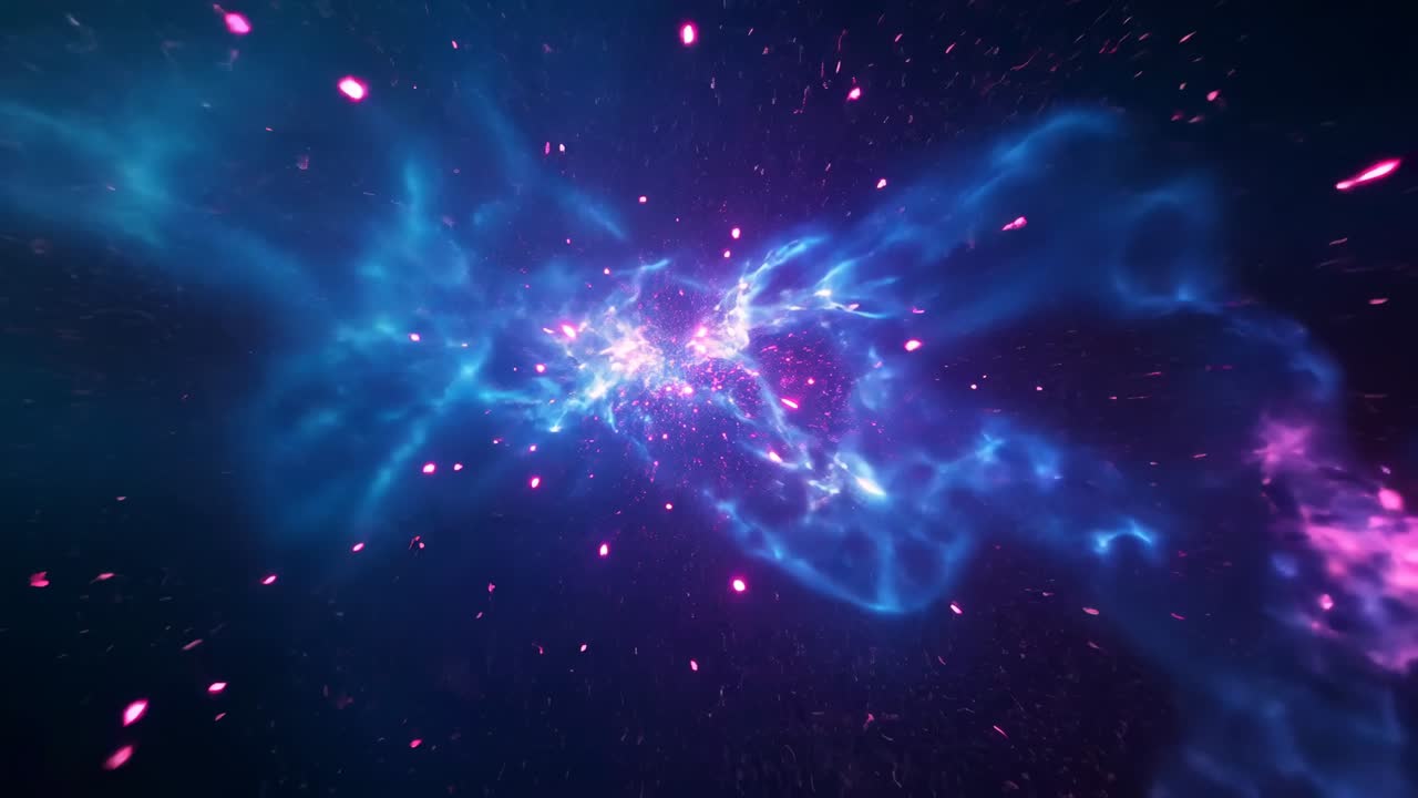 Pulsing central nebula in deep space, with energy release initiating bright pink particle bursts