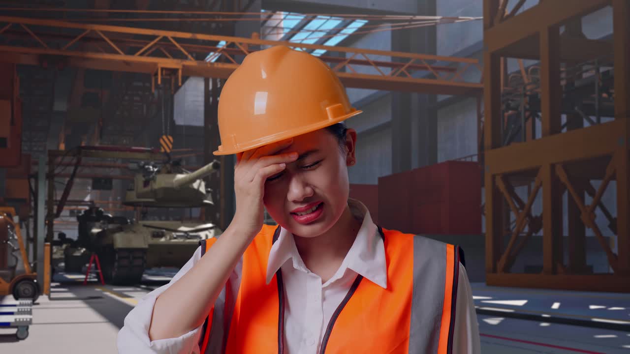Nærbillede af asiatisk, kvindelig ingeniør med sikkerhedshjelm, der har hovedpine under arbejdet, militærtank under konstruktion i industrianlæg
