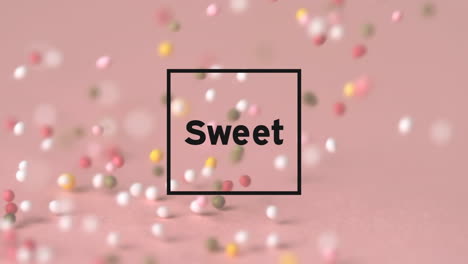 animation of sweet text over colorful sprinkles on pink background