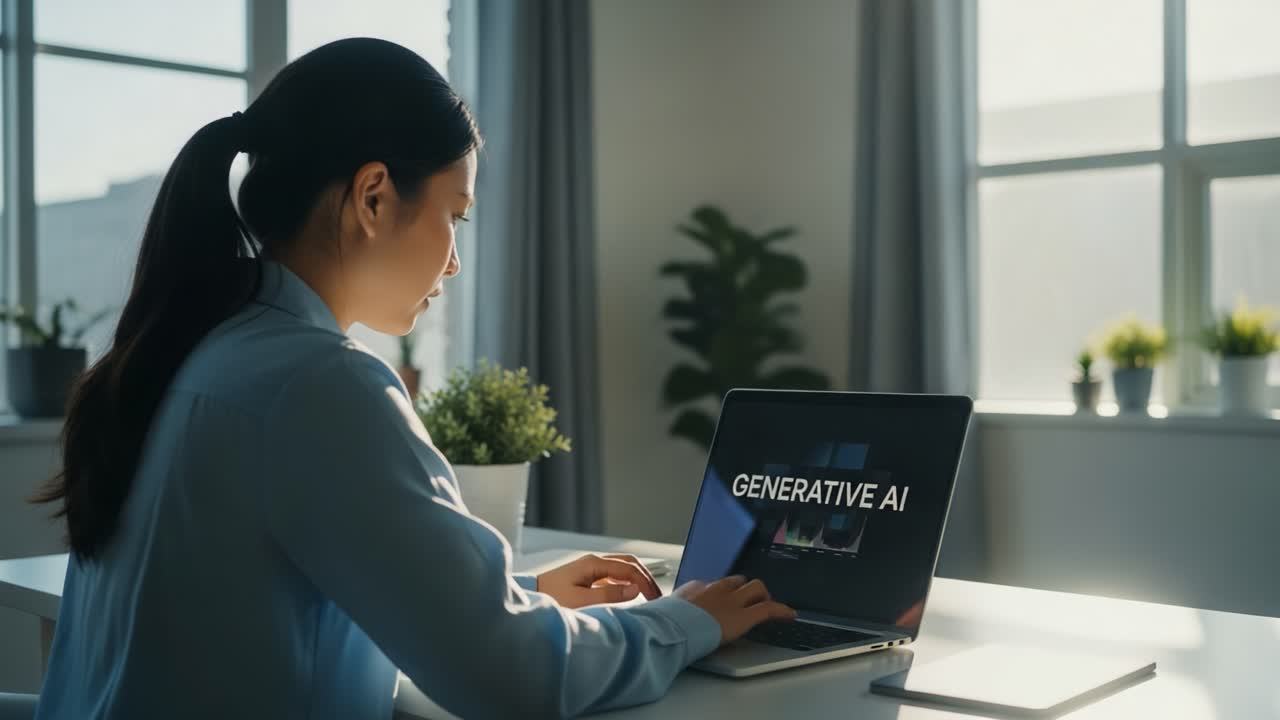 Exploring the Future of Technology: A Woman Engaged with Generative AI on Her Laptop in a Bright, Contemporary Workspace Setting
