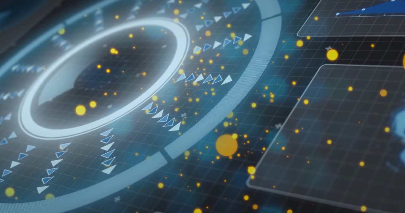 On play luminous HUD ring rotating, chevrons aligning, particles rising near globe panels for tech