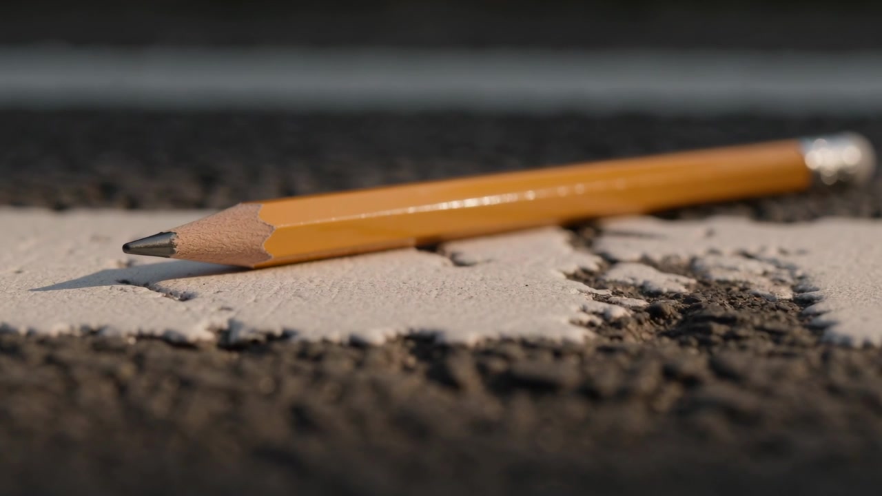 Shifting focus camera bringing yellow pencil into sharp focus on white stripe, showing scuff marks