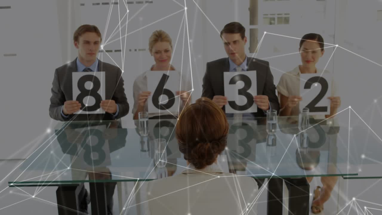 Animation of network of connections with data processing over business people holding numbers