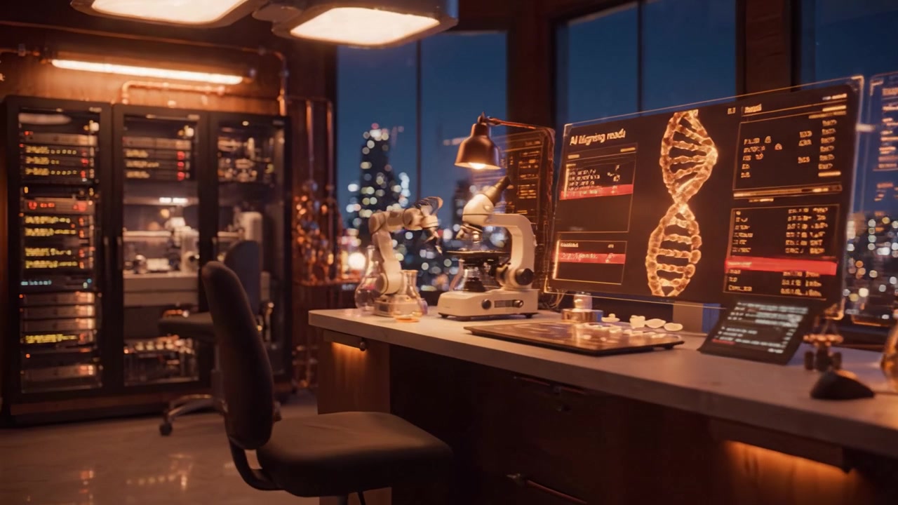 Un Moderno Ambiente di Laboratorio con Tecnologia Avanzata, Schermi che Mostrano Grafici del DNA e una Vista Notturna Urbana dalla Finestra che Crea un'Atmosfera Futuristica