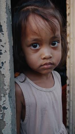 young asian girl standing in doorway of dilapidated building, expressing profound sadness and vulnerability through penetrating gaze, embodying unspoken struggles of childhood poverty