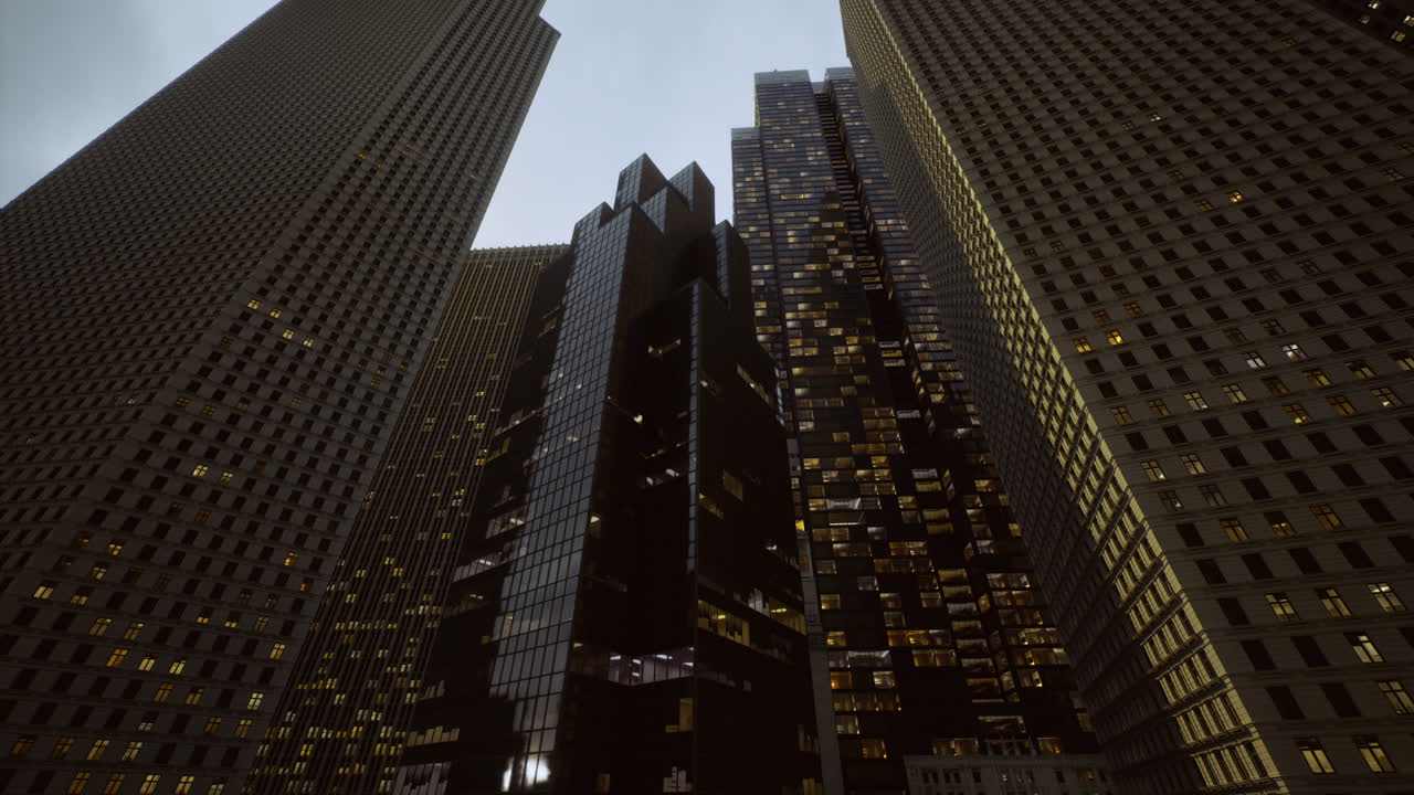 Skyward view of modern skyscrapers in an urban setting at dusk