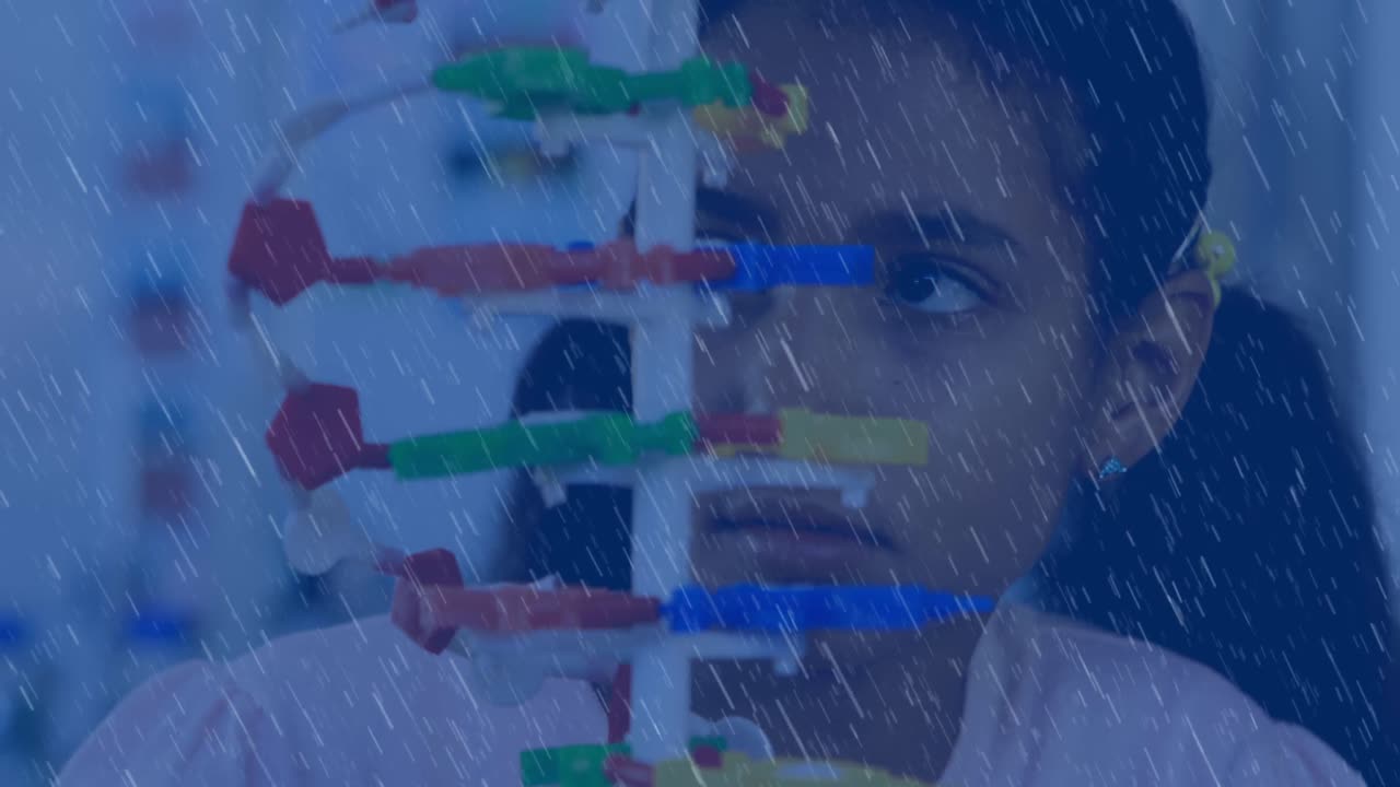 Animation of rain over biracial female student in lab