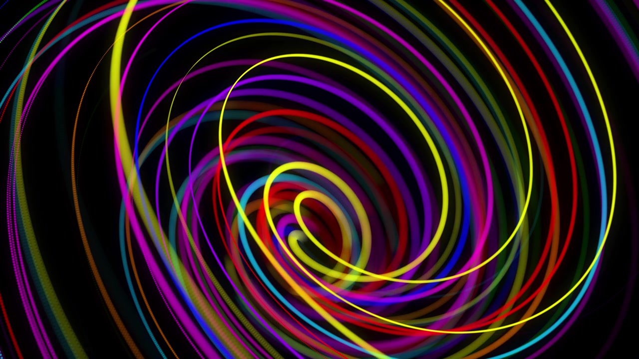 Linee o strisce colorate che turbinano a spirale volano lungo un percorso a spirale. Sfondo di motion design di particelle che formano linee o scie, eliche e strutture astratte. Rendering 3D