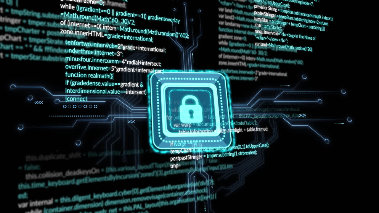Animation of padlock icon and data processing over black background