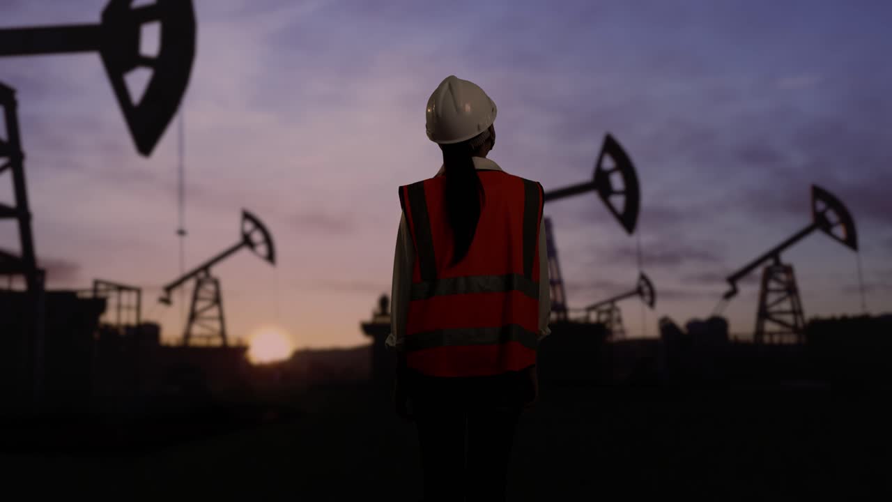 vista trasera de una ingeniera asiática con casco de seguridad inspecciona las bombas de petróleo al amanecer en un gran campo petrolífero. mirando a su alrededor y sacudiendo la cabeza
