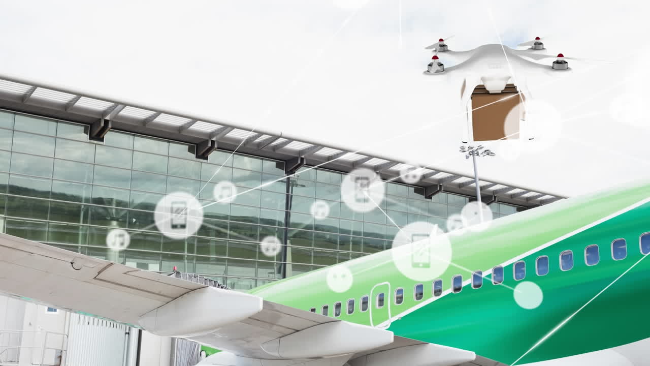 연결된 아이콘의 애니메이션, 드론이 카드보드 상자를 운반하는, 공항에 주차된 비행기