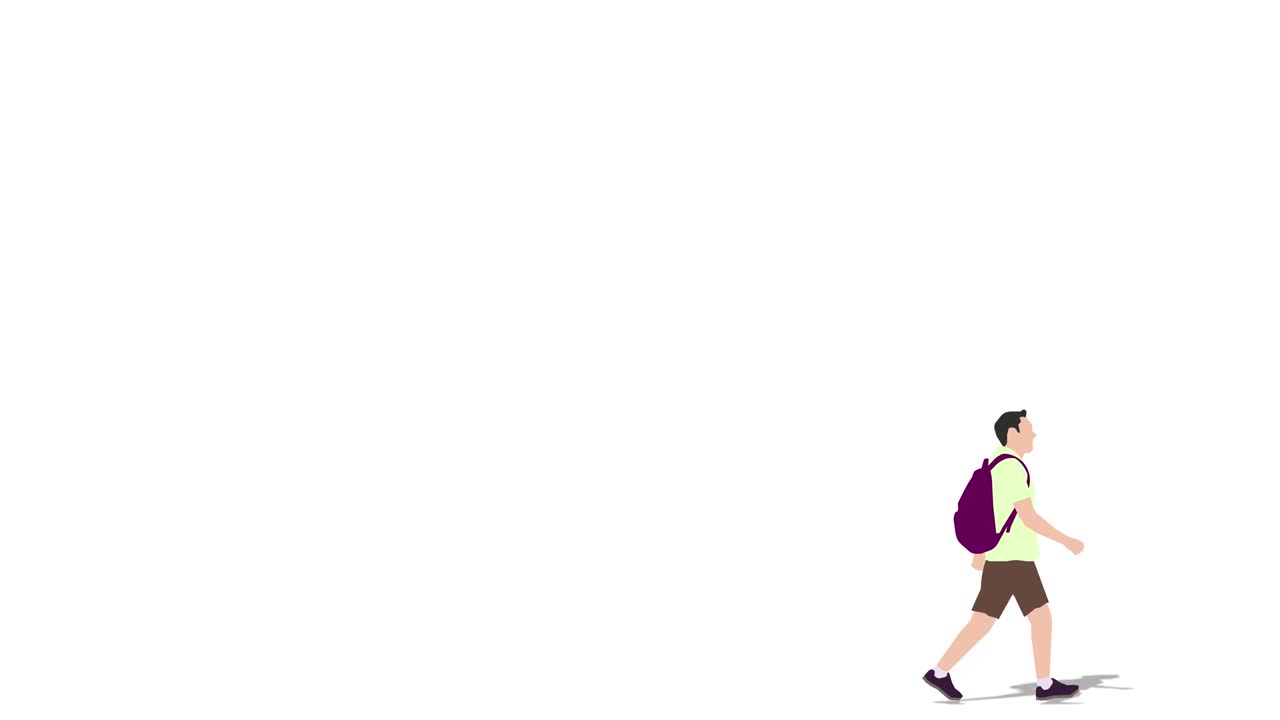 왼쪽에서 오른쪽으로 걸어가는 젊은이의 애니메이션 (4k 비디오)