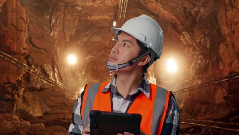 close up of asian male engineer with safety helmet looking at the tablet in his hand and looking around while standing in underground mine tunnel