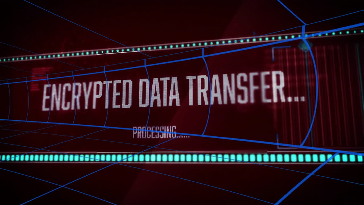 Digital data processing animation with blue lines and text on red background