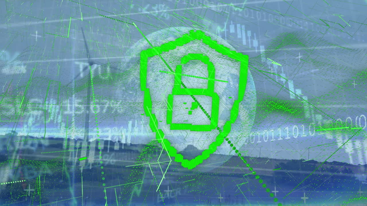 락과 금융 데이터 및 풍력 터빈을 가진 디지털 방패의 애니메이션