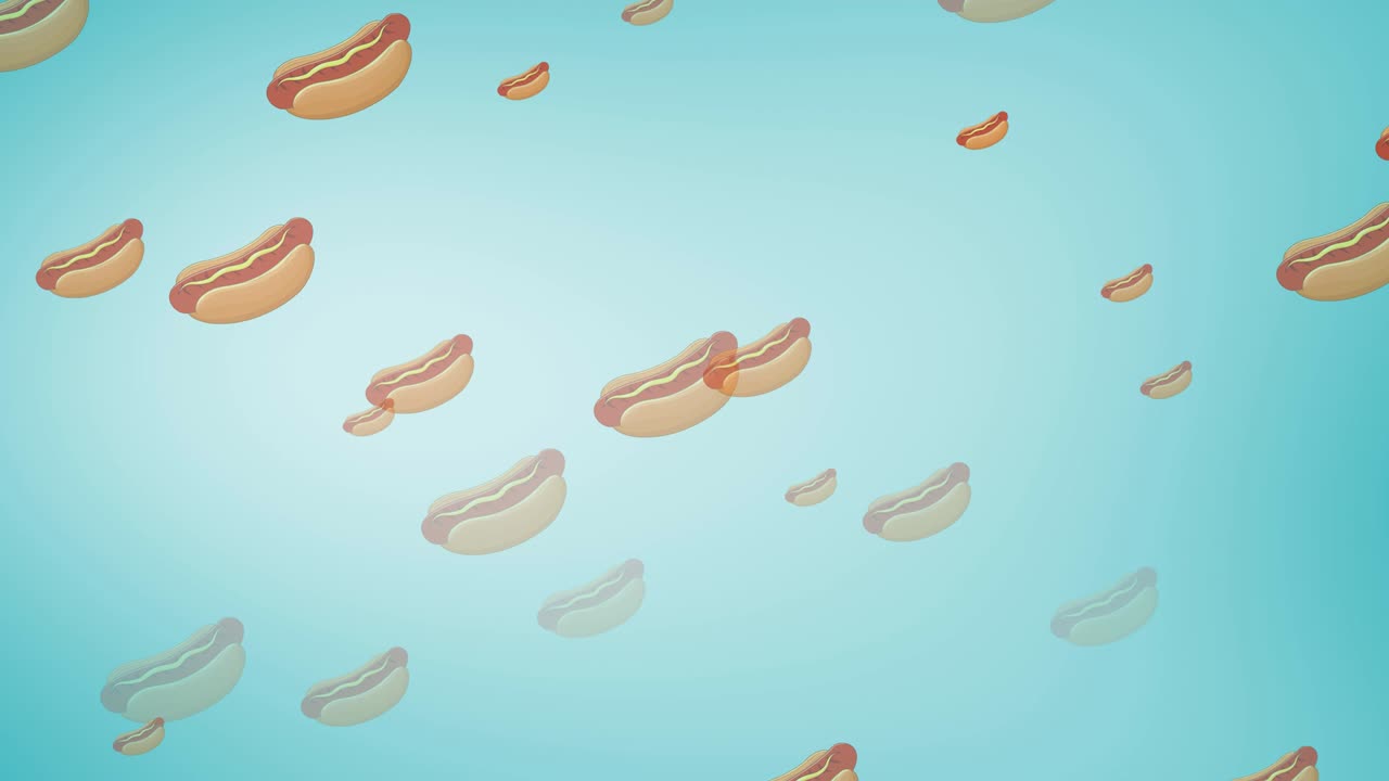 파란색 배경에 떠다니는 여러 개의 핫도그의 애니메이션