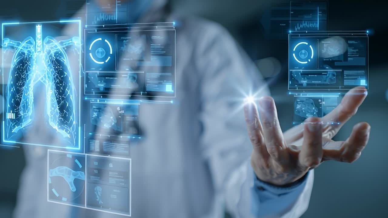Dottore utilizza un modello olografico di polmone in una clinica moderna