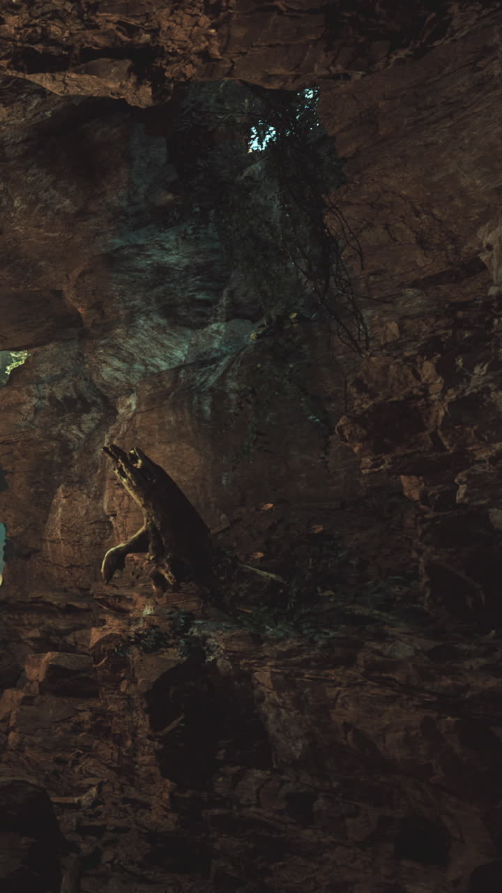 Rock formation with light shining in dark cave at night time
