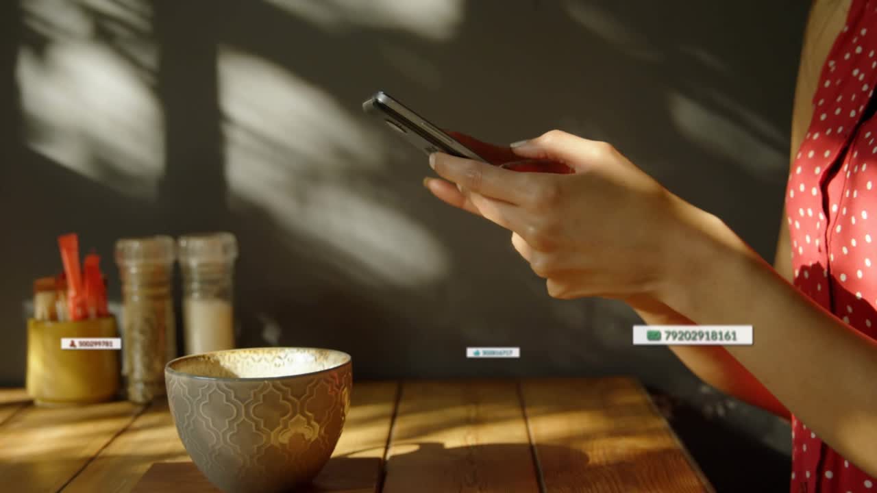 Hands lifting smartphone sparking floating UI widgets around bowl showing data retrieval