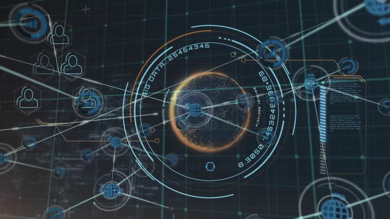 Animation of network of connections with icons over globe and data processing on black background