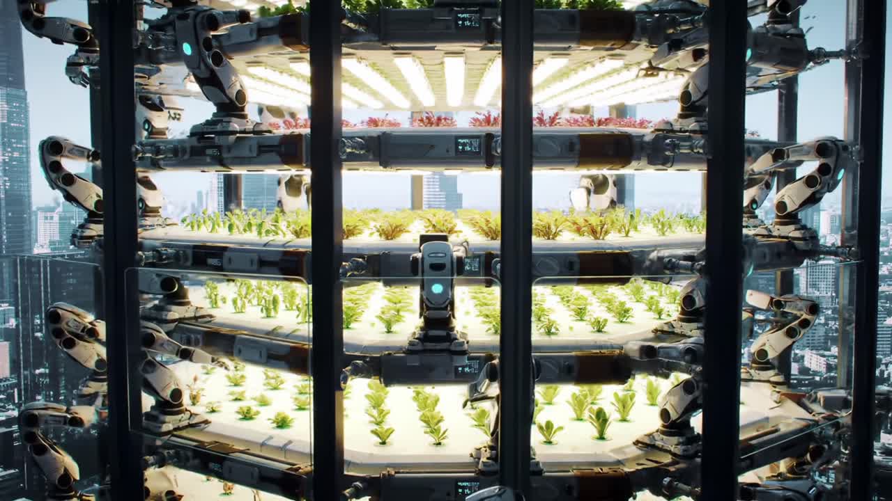 Futuristic Urban Farming: A Vertical Garden Powered by Robotics, Showcasing Advanced Hydroponic Systems and Sustainable Agriculture in an Urban Environment