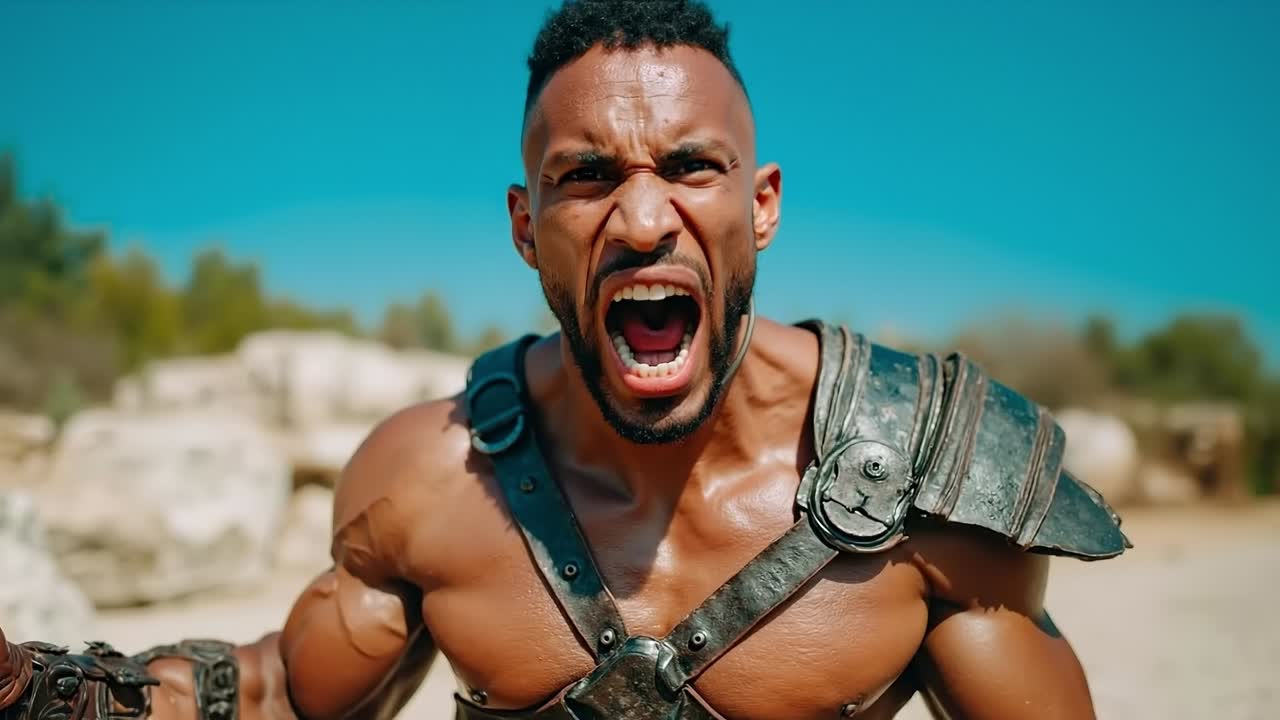 A man with his mouth open and his mouth wide open in a scene from the movie Spartacus: War of the Damned