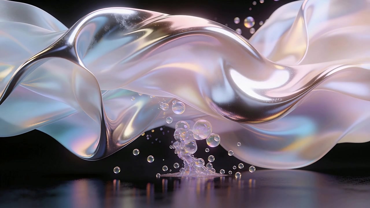 Rising bubble column contacting pearl membrane in dark studio, forming iridescent droplet spray