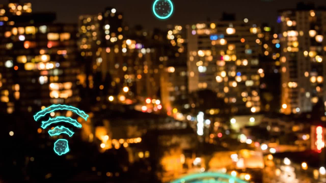 animación de iconos wifi digitales que vuelan sobre el paisaje urbano