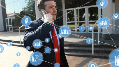 Animation-of-network-of-connections-with-icons-over-caucasian-businessman-using-smartphone