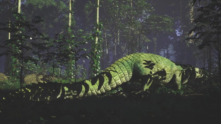 Tranquil crocodile resting softly among dense leafy surroundings at dusk