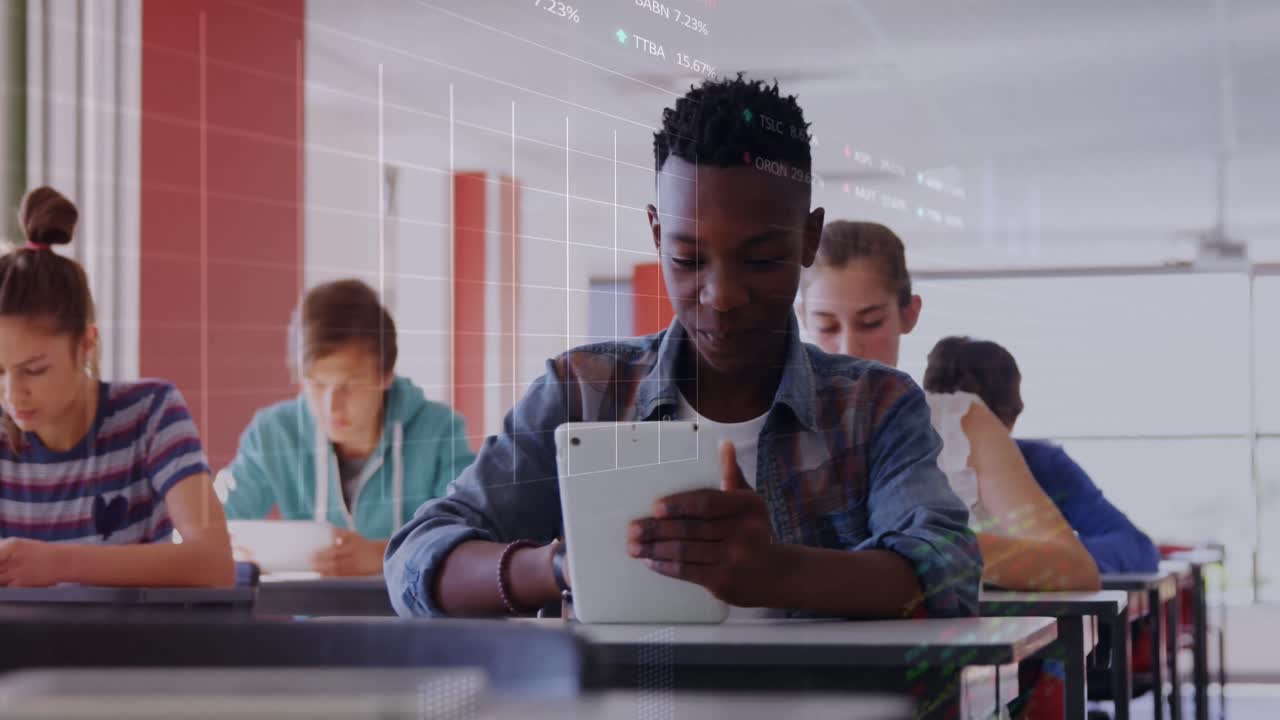 Animation of stock market data processing over african american boy using digital tablet at school